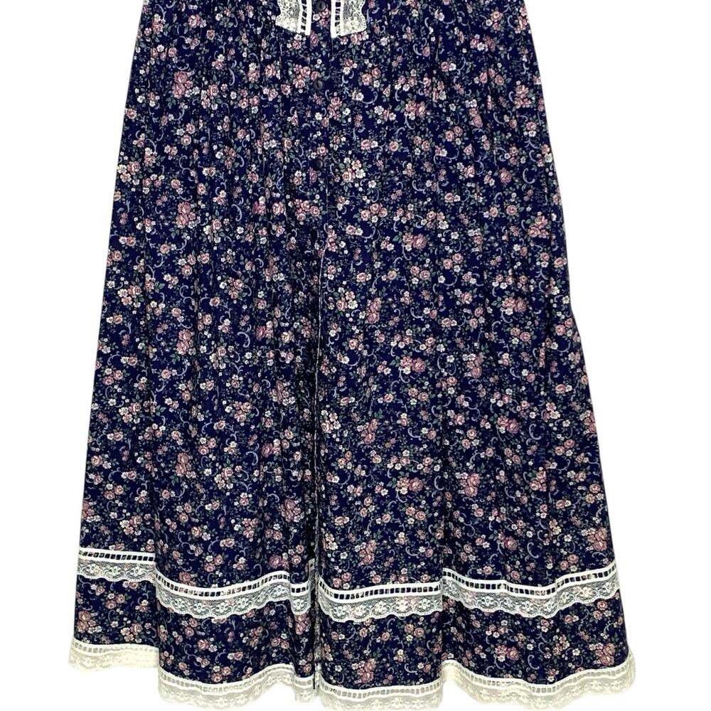 Gunne Sax S Vintage Lace Floral Print Short Sleeve Gunnie Dress Dark Blue *flaw - Picture 5 of 8